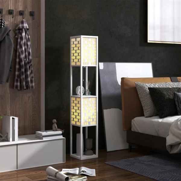 Staande lamp, staande lamp met 2 vakken, e27 fitting, roosterpatroon staande lamp met voetschakelaar en trekkoord, voor woonkamer, wit, excl. gloeilamp 2