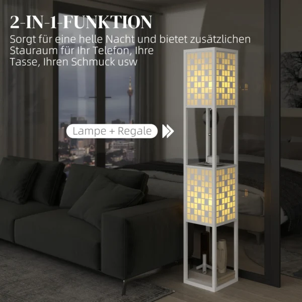 Staande lamp, staande lamp met 2 vakken, e27 fitting, roosterpatroon staande lamp met voetschakelaar en trekkoord, voor woonkamer, wit, excl. gloeilamp 6
