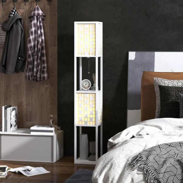 Staande lamp, staande lamp met 2 vakken, e27 fitting, roosterpatroon staande lamp met voetschakelaar en trekkoord, voor woonkamer, wit, excl. gloeilamp 8