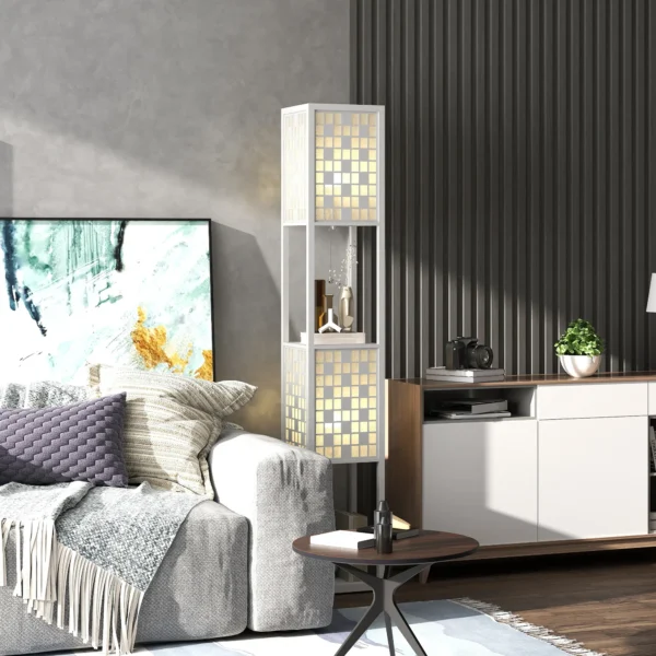 Staande lamp, staande lamp met 2 vakken, e27 fitting, roosterpatroon staande lamp met voetschakelaar en trekkoord, voor woonkamer, wit, excl. gloeilamp 9