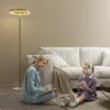 Staande led lamp voor woonkamer, dimbare staande lamp met 3 lichtkleuren, voetschakelaar, staande lamp met metalen standaard, acryl lampenkap voor slaapkamer, kantoor goud 10