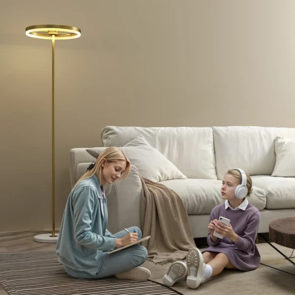 Staande led lamp voor woonkamer, dimbare staande lamp met 3 lichtkleuren, voetschakelaar, staande lamp met metalen standaard, acryl lampenkap voor slaapkamer, kantoor goud 10