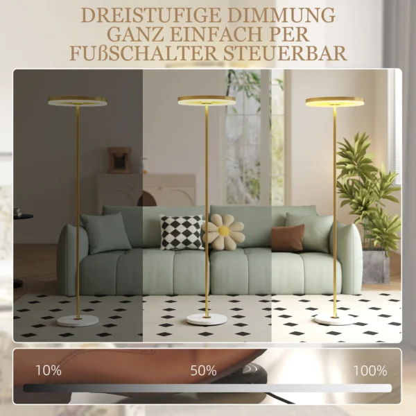 Staande led lamp voor woonkamer, dimbare staande lamp met 3 lichtkleuren, voetschakelaar, staande lamp met metalen standaard, acryl lampenkap voor slaapkamer, kantoor goud 5