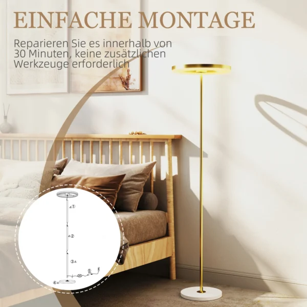 Staande led lamp voor woonkamer, dimbare staande lamp met 3 lichtkleuren, voetschakelaar, staande lamp met metalen standaard, acryl lampenkap voor slaapkamer, kantoor goud 8