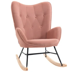 Stille schommelstoel voor slaapkamer woonkamer, hoge rugleuning, stalen frame, fluweelachtig polyester, rubberhout, 84x70x96cm, roze 1