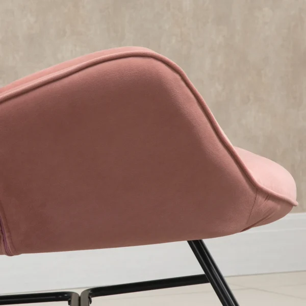 Stille schommelstoel voor slaapkamer woonkamer, hoge rugleuning, stalen frame, fluweelachtig polyester, rubberhout, 84x70x96cm, roze 10