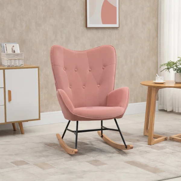 Stille schommelstoel voor slaapkamer woonkamer, hoge rugleuning, stalen frame, fluweelachtig polyester, rubberhout, 84x70x96cm, roze 2