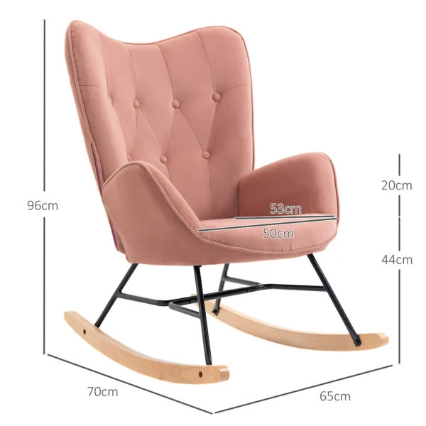 Stille schommelstoel voor slaapkamer woonkamer, hoge rugleuning, stalen frame, fluweelachtig polyester, rubberhout, 84x70x96cm, roze 4