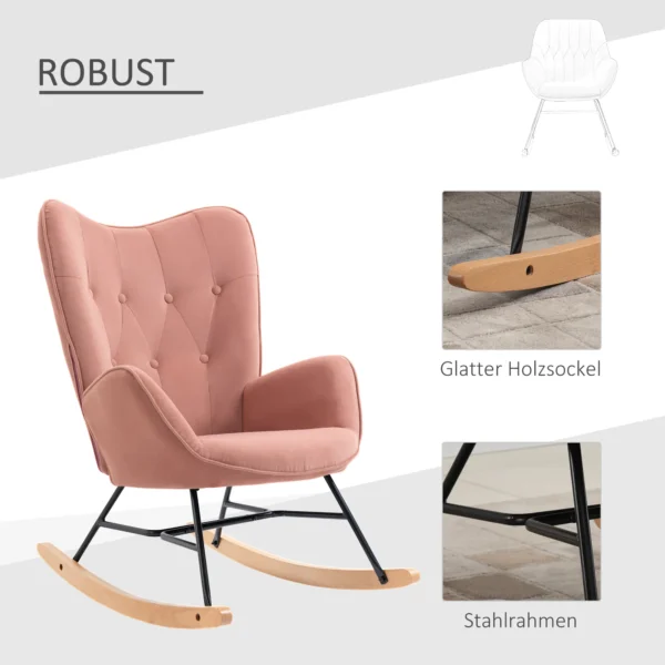 Stille schommelstoel voor slaapkamer woonkamer, hoge rugleuning, stalen frame, fluweelachtig polyester, rubberhout, 84x70x96cm, roze 5