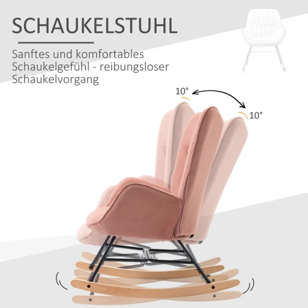 Stille schommelstoel voor slaapkamer woonkamer, hoge rugleuning, stalen frame, fluweelachtig polyester, rubberhout, 84x70x96cm, roze 6