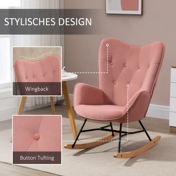 Stille schommelstoel voor slaapkamer woonkamer, hoge rugleuning, stalen frame, fluweelachtig polyester, rubberhout, 84x70x96cm, roze 7
