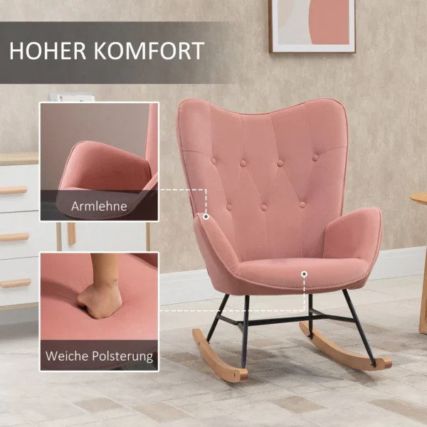 Stille schommelstoel voor slaapkamer woonkamer, hoge rugleuning, stalen frame, fluweelachtig polyester, rubberhout, 84x70x96cm, roze 8