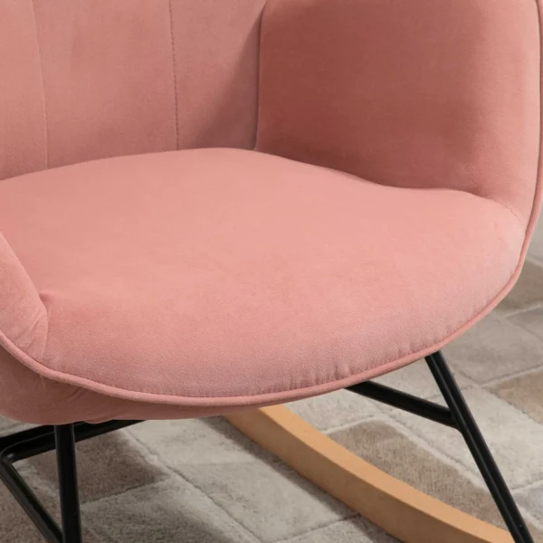 Stille schommelstoel voor slaapkamer woonkamer, hoge rugleuning, stalen frame, fluweelachtig polyester, rubberhout, 84x70x96cm, roze 9