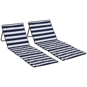 Strandmat set van 2, opvouwbaar, verstelbaar met draagtas en tijdschriftzak, staal en oxford stof in blauw en wit 1