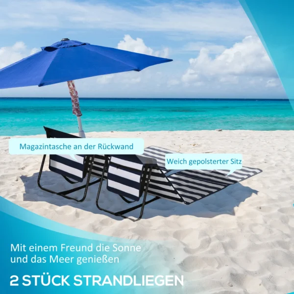Strandmat set van 2, opvouwbaar, verstelbaar met draagtas en tijdschriftzak, staal en oxford stof in blauw en wit 5