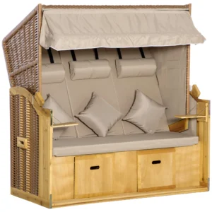 Strandstoel 3 zits zonneligstoel met dak en 2 klaptafels, voetsteun, xxl polyrattan natuur, 150x79x160cm voor tuin & terras 1