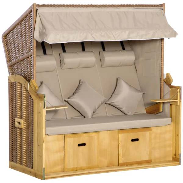 Strandstoel 3 zits zonneligstoel met dak en 2 klaptafels, voetsteun, xxl polyrattan natuur, 150x79x160cm voor tuin & terras 1