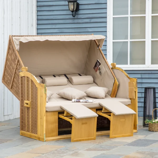 Strandstoel 3 zits zonneligstoel met dak en 2 klaptafels, voetsteun, xxl polyrattan natuur, 150x79x160cm voor tuin & terras 2
