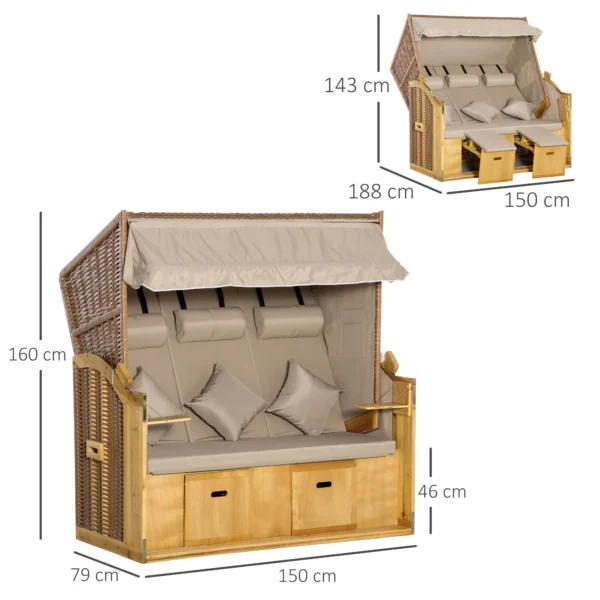 Strandstoel 3 zits zonneligstoel met dak en 2 klaptafels, voetsteun, xxl polyrattan natuur, 150x79x160cm voor tuin & terras 4