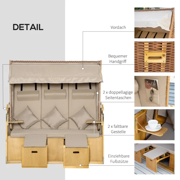 Strandstoel 3 zits zonneligstoel met dak en 2 klaptafels, voetsteun, xxl polyrattan natuur, 150x79x160cm voor tuin & terras 5