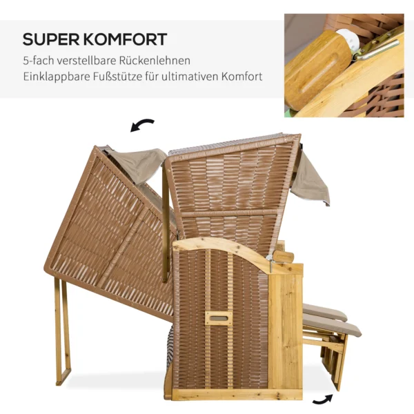 Strandstoel 3 zits zonneligstoel met dak en 2 klaptafels, voetsteun, xxl polyrattan natuur, 150x79x160cm voor tuin & terras 6