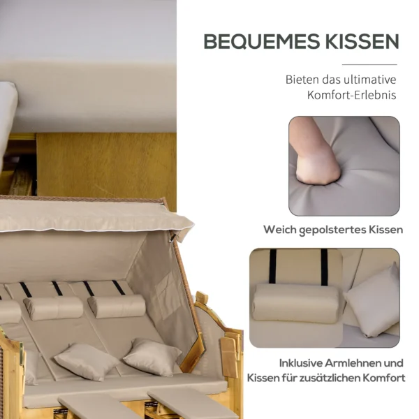 Strandstoel 3 zits zonneligstoel met dak en 2 klaptafels, voetsteun, xxl polyrattan natuur, 150x79x160cm voor tuin & terras 8
