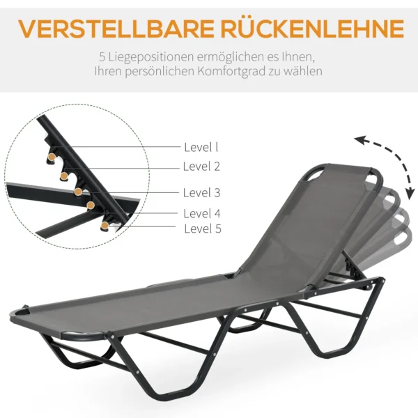 Strandstoel 5 traps alu tuinstoel relaxstoel texteline grijs zwart 163x58,5x91cm voor tuin & terras 7
