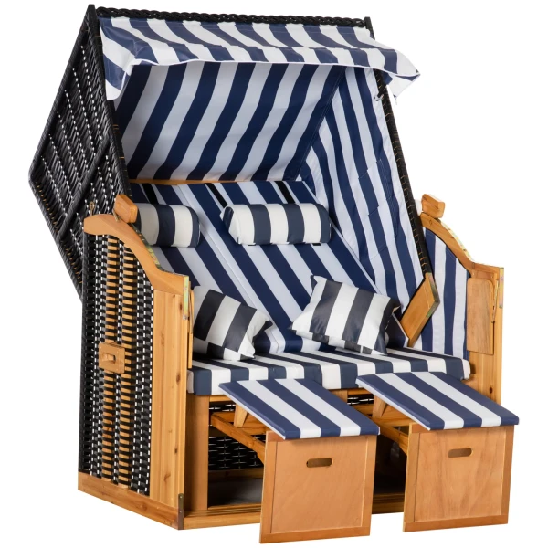 Strandstoel, 5 traps, dubbele zonneligstoel met dak, dubbele ligstoel met drankhouders, chaise longue, pe rattan, 118 x 79 x 160 cm 1