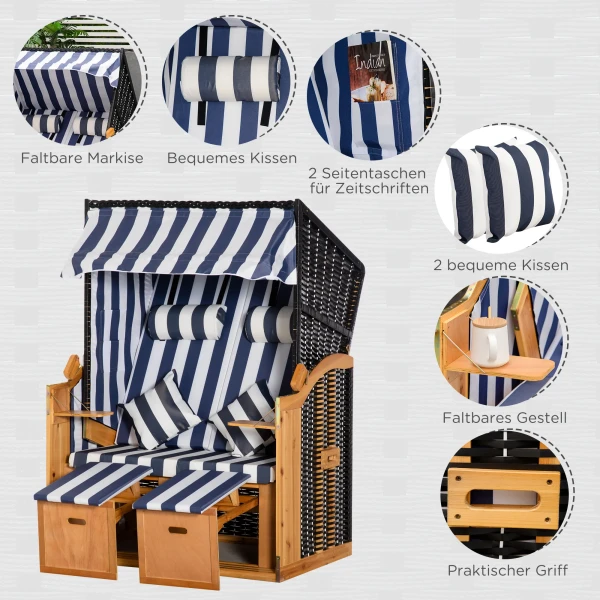 Strandstoel, 5 traps, dubbele zonneligstoel met dak, dubbele ligstoel met drankhouders, chaise longue, pe rattan, 118 x 79 x 160 cm 5