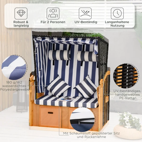 Strandstoel, 5 traps, dubbele zonneligstoel met dak, dubbele ligstoel met drankhouders, chaise longue, pe rattan, 118 x 79 x 160 cm 6