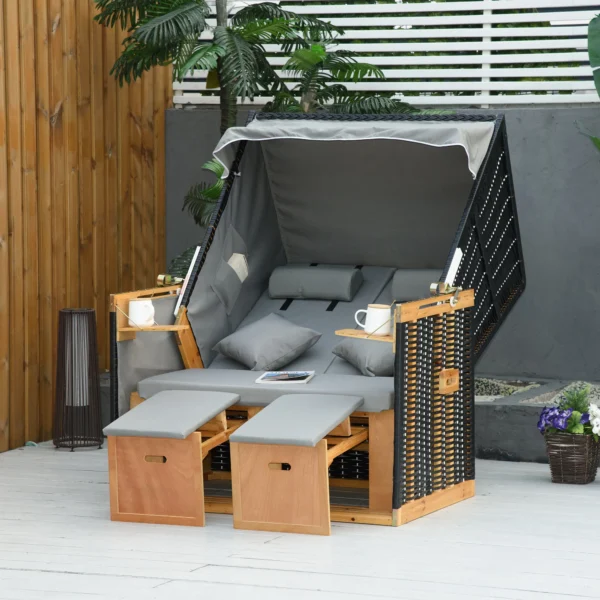 Strandstoel volledige ligstoel tuinligstoel met drankhouders van pe rattan, lichtgrijs, 118x79x160cm, ideaal voor tuin & terras 2