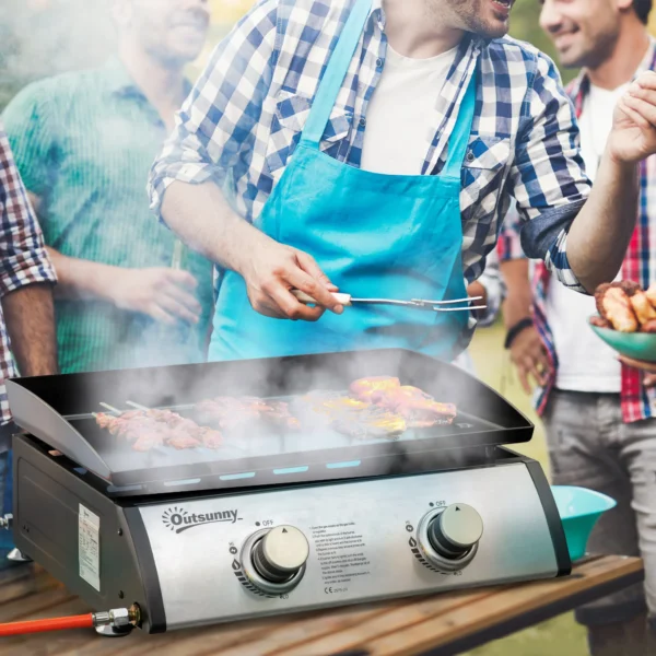 Tafelbarbecue gasbarbecue bbq met 2 branders, tafelgasbarbecue met slang, roestvrij staal & metaal, anti aanbak grillplaat, ideaal voor kamperen 2