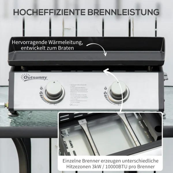 Tafelbarbecue gasbarbecue bbq met 2 branders, tafelgasbarbecue met slang, roestvrij staal & metaal, anti aanbak grillplaat, ideaal voor kamperen 5