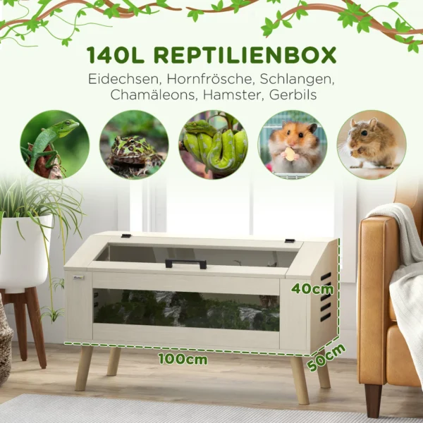 Terrarium voor reptielen, 140l reptiel voederbak met gehard glazen vensters, deksel, poten, reptielenkweekbak voor amfibieën, spin, eik, 100 x 50 x 60 cm 5