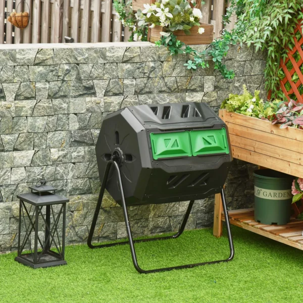 Trommelcomposter 160l tuincomposter met 2 kamers, draaibaar, voor biologisch afval, zwart, efficiënt & robuust 2