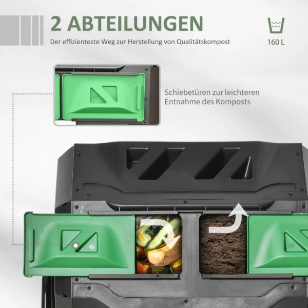 Trommelcomposter 160l tuincomposter met 2 kamers, draaibaar, voor biologisch afval, zwart, efficiënt & robuust 5