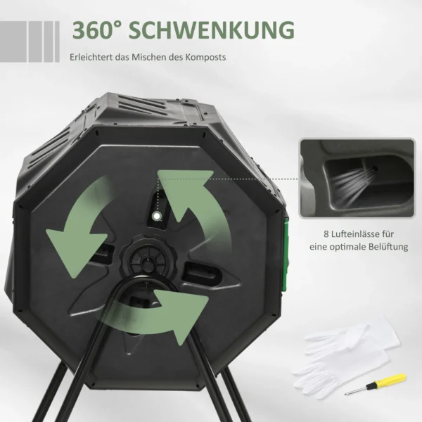 Trommelcomposter 160l tuincomposter met 2 kamers, draaibaar, voor biologisch afval, zwart, efficiënt & robuust 6