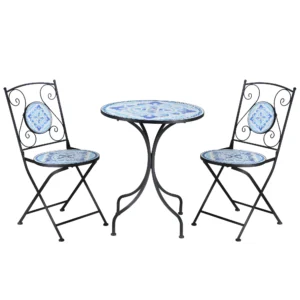Tuin zitgroep bistro set voor 2 personen Ø 61 cm met 1 tafel en 2 opvouwbare stoelen van staal in blauw 1