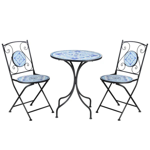 Tuin zitgroep bistro set voor 2 personen Ø 61 cm met 1 tafel en 2 opvouwbare stoelen van staal in blauw 1
