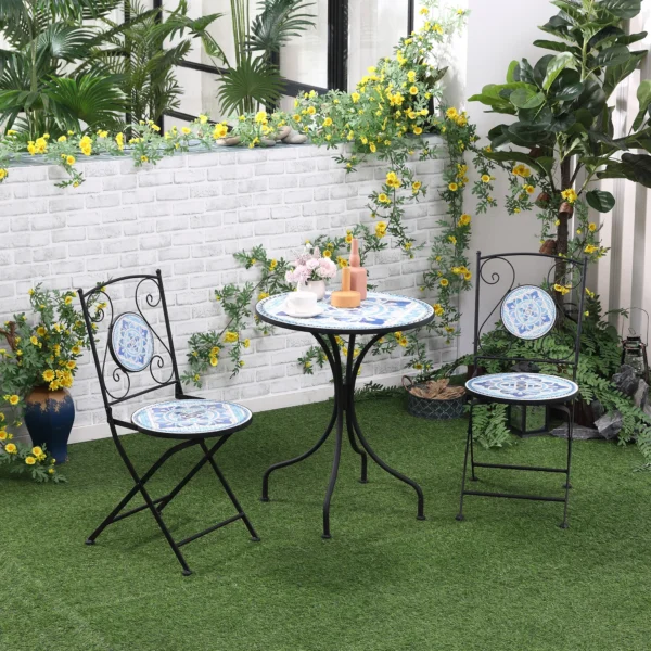 Tuin zitgroep bistro set voor 2 personen Ø 61 cm met 1 tafel en 2 opvouwbare stoelen van staal in blauw 2