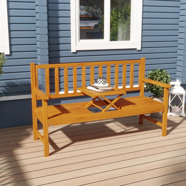 Tuinbank 3 zits bank tafel armleuning houten bank tot 280kg balkon terras lichtbruin 153x56x91cm 2
