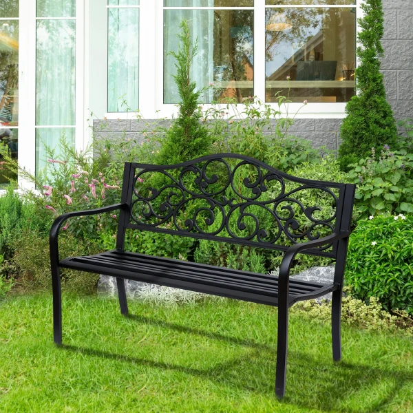 Tuinbank 3 zits stalen bank met armleuningen van gietijzer zwart 127x60x89cm voor tuin terras balkon 2
