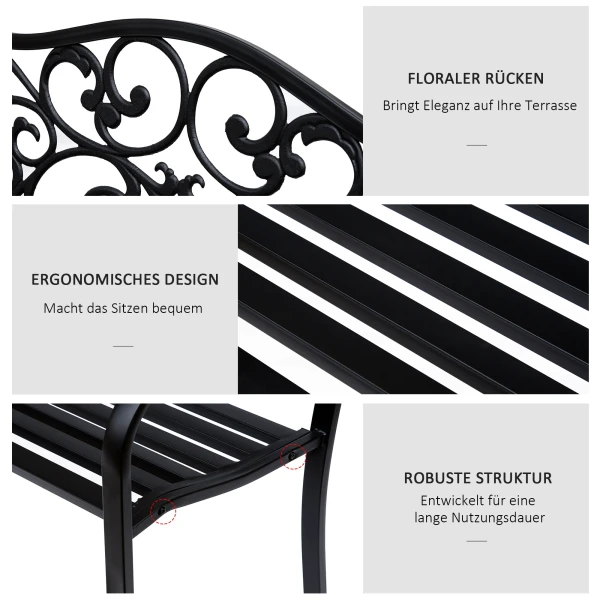 Tuinbank 3 zits stalen bank met armleuningen van gietijzer zwart 127x60x89cm voor tuin terras balkon 6