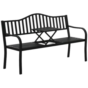 Tuinbank met uitschuifbare tafel voor 2 3 personen, metalen parkbank, zitbank terrasbank tuinmeubilair zwart 150x58,5x90cm 1