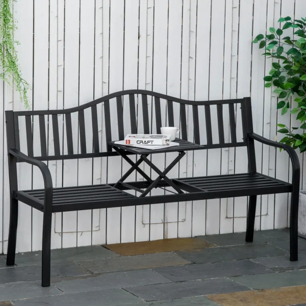 Tuinbank met uitschuifbare tafel voor 2 3 personen, metalen parkbank, zitbank terrasbank tuinmeubilair zwart 150x58,5x90cm 2