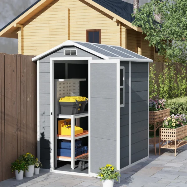 Tuinhuis 2,1m², waterdicht tuinhuisje met bodem schuurdak, 131x186x198/172 cm, gereedschapsschuur met afsluitbare deur, venster fietsgarage, tuinkast van aluminium, voor achtertuin, tuin, grijs 2