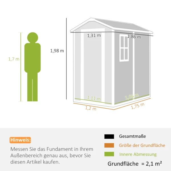 Tuinhuis 2,1m², waterdicht tuinhuisje met bodem schuurdak, 131x186x198/172 cm, gereedschapsschuur met afsluitbare deur, venster fietsgarage, tuinkast van aluminium, voor achtertuin, tuin, grijs 4