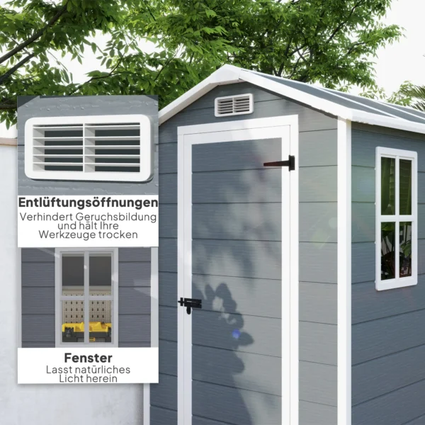 Tuinhuis 2,1m², waterdicht tuinhuisje met bodem schuurdak, 131x186x198/172 cm, gereedschapsschuur met afsluitbare deur, venster fietsgarage, tuinkast van aluminium, voor achtertuin, tuin, grijs 7