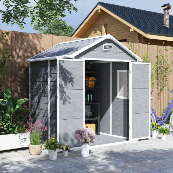 Tuinhuis 2,4m², waterdicht tuinhuis met vloer en lessenaarsdak, 182x151x219/181 cm, tuinschuur met afsluitbare deur, venster fietsgarage, tuinkast van aluminium, voor achtertuin, tuin, grijs 2