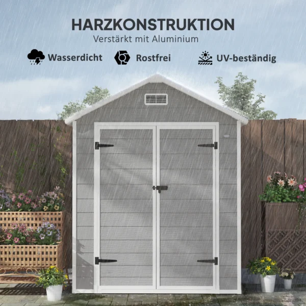 Tuinhuis 2,4m², waterdicht tuinhuis met vloer en lessenaarsdak, 182x151x219/181 cm, tuinschuur met afsluitbare deur, venster fietsgarage, tuinkast van aluminium, voor achtertuin, tuin, grijs 5